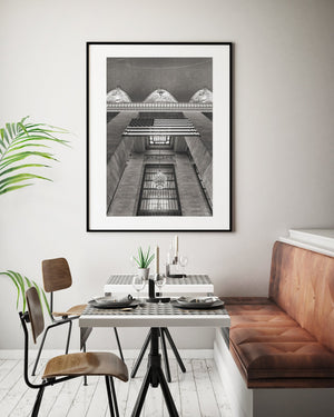 Monochrome flag and light fixture in New York building