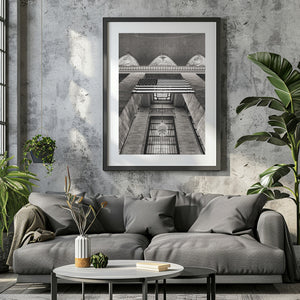 Monochrome Grand Central photograph with draped flag fabric, stone walls and a hanging chandelier.