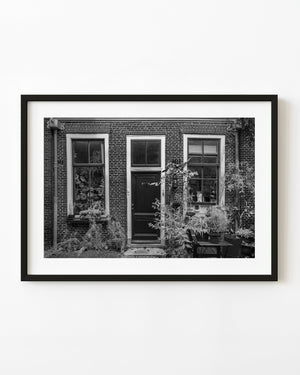 A cat watches from a window beside a plant-framed Amsterdam brick house doorway in black and white.
