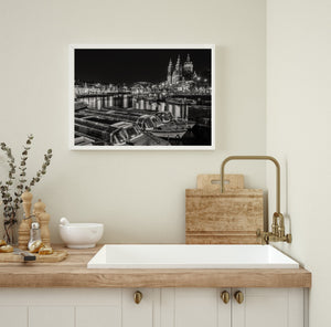 Black and white urban Amsterdam skyline