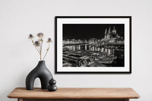 Monochrome cityscape Amsterdam canal boats