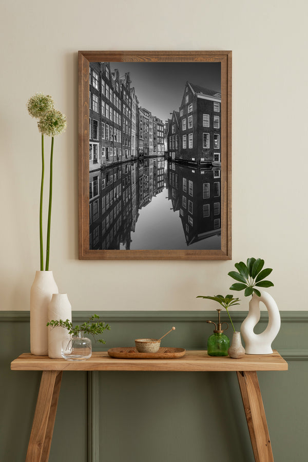 Calm water reflecting Amsterdam architecture