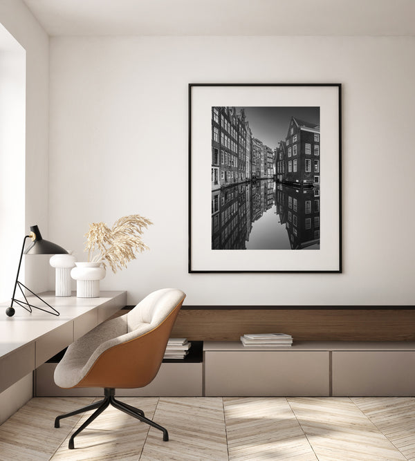 Dutch canal houses in monochrome