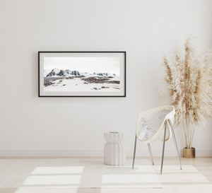 Wide Antarctic landscape with nesting penguins, pale snow and muted brown rocks.