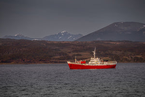 Commercial vessel cruising southern waters at blue hour