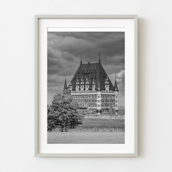 Black and white photograph of Château Frontenac in Quebec City