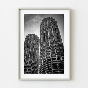 Black and white photograph of Marina City towers in Chicago