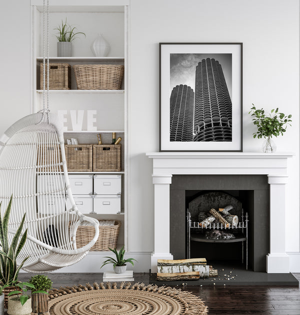 Chicago River condos, Marina City towers – black and white photo