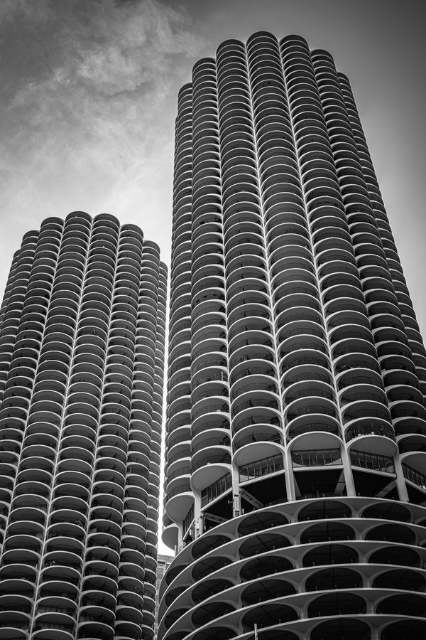 Iconic Marina City towers with curved balconies – black and white