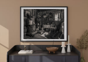 Old West cabin interior with antique furnishings