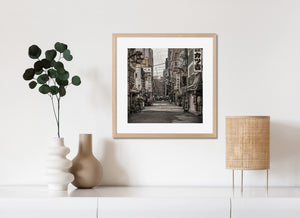 Muted colour photograph of a narrow Tokyo lane bordered by shops and street lamps.