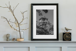 Historic Osaka Castle monochrome artwork