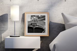 Black and white classic car front end detail