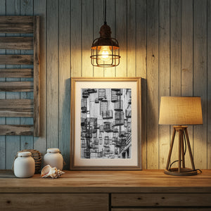 Monochrome photograph of empty birdcages hanging between city buildings