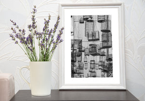 Angel Place Sydney public art birdcages captured in black and white