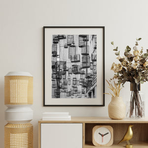 Sydney street photography showing hanging birdcage installation overhead