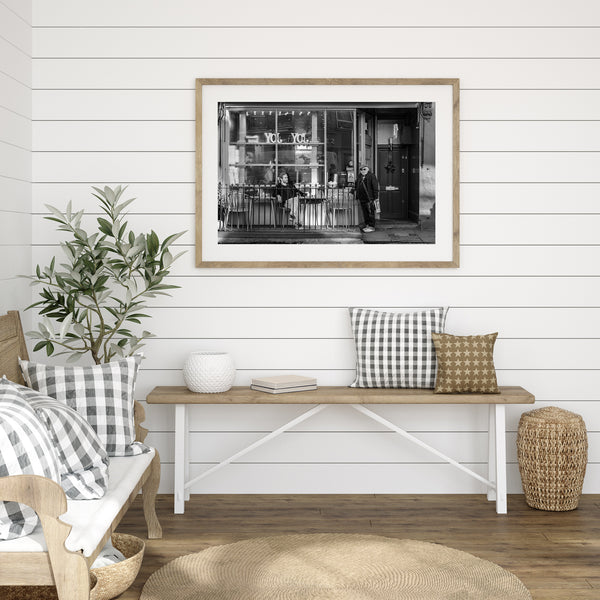 Authentic black and white street scene at Laveli Bakery, London