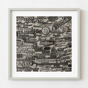 Monochrome collage of vintage automotive emblems