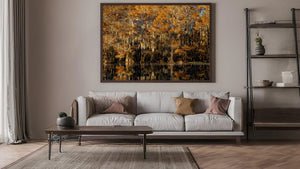 Broad cypress bases meet dark water reflecting patches of warm autumn colour.
