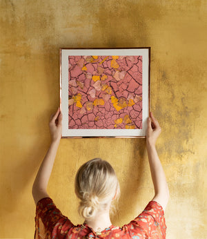 Angular clay plates and curled yellow leaves form a textured natural pattern in Utah.