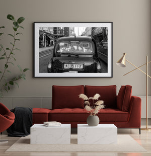 London city taxi monochrome photo