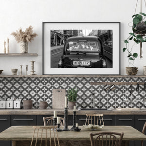 rear view of London cab with roses