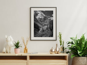 Narrow conifer tops frame a broad stony slope leading toward a high Alberta mountain face.