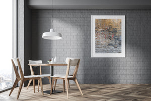 Warm ochre brickwork shifts into cool grey tones beneath faded red and white markings.