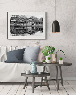 Monochrome waterside scene with old Beijing buildings and a mirrored lower half.