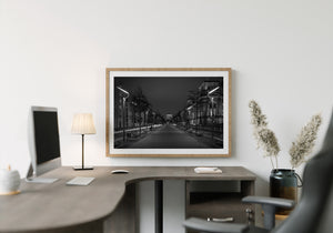 Monochrome Berlin street scene with symmetrical paths and dark trees