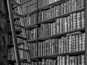 Worn book spines fill tall shelves beside a ladder in Trinity College Library