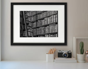 Monochrome library photograph with a wooden ladder crossing rows of books
