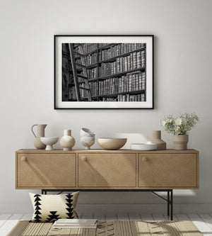 A leaning wooden ladder breaks the repeated lines of library bookshelves