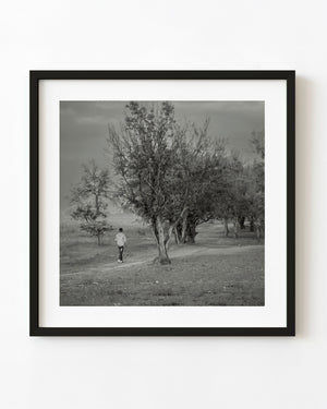 Boy walking beneath trees in rural Tanzania in black and white