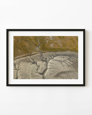Branching coastal channels seen from above in muted sandy and grey tones