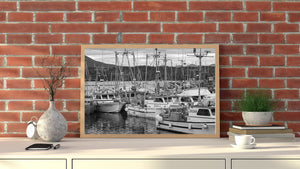 British Columbia maritime scene with layered boat hulls and a forested shoreline.