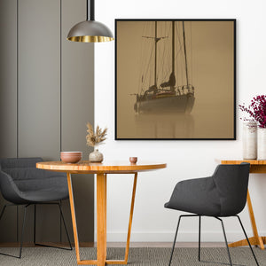 A peaceful sailboat journey, enveloped in a warm, misty glow on British Columbia's serene intercoastal waters.