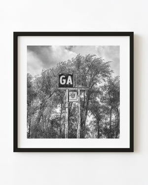 Broken Route 66 gas sign among trees, photographed in black and white.