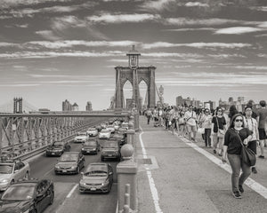 Street scene on Brooklyn Bridge in monochrome