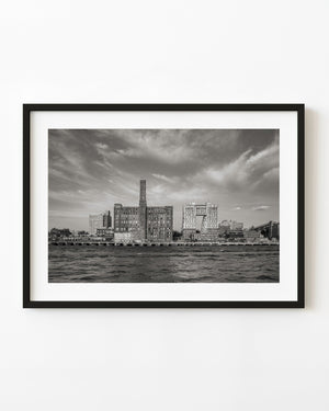 Brooklyn’s Domino Sugar Plant on the waterfront, photographed in black and white.