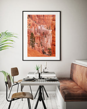 Vertical Utah landscape with green pines beneath steep red and orange cliffs.