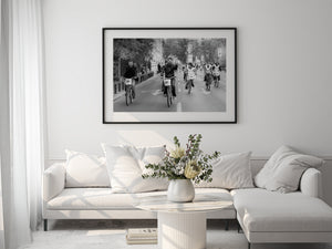 A lively Bucharest cycling scene with approaching bicycles and a central rider.