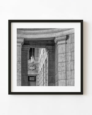 Classical stone architecture in Buenos Aires, photographed in black and white.