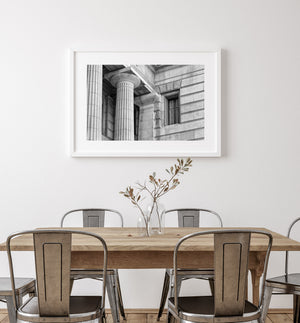 Monochrome photograph of classical columns and geometric facade details in Argentina.