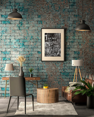 Black and white wall detail with overlapping letters and weathered surfaces.