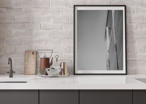 Geometric building panels and shaded edges create an abstract Buenos Aires composition.