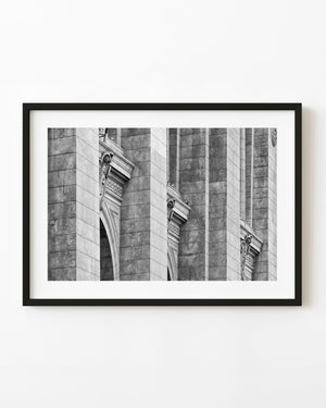 Black and white photograph of a repeating stone facade in Buenos Aires.