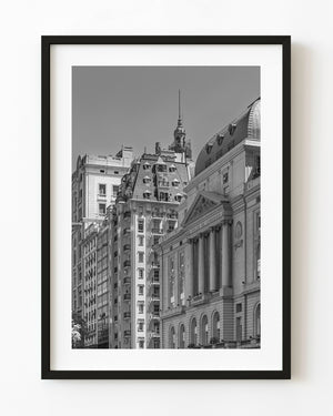 Black and white architectural photograph of the Buenos Aires Stock Exchange.