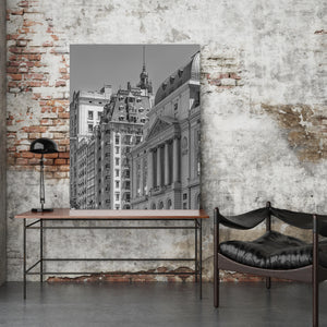 Classical architecture and repeating windows in a Buenos Aires Stock Exchange scene.