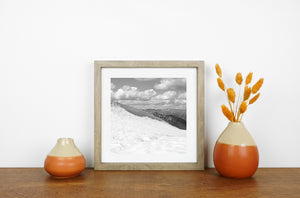 Square landscape photograph of a Bugaboo snowfield and distant forested slopes.